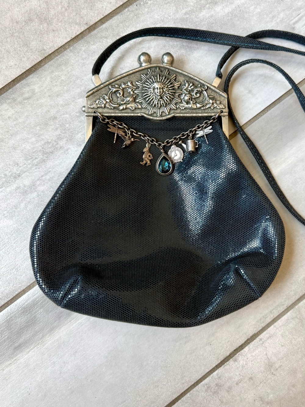 Moulin Rouge by James Culver Navy leather pewter jeweled crossbody shoulder blue - Picture 8 of 16